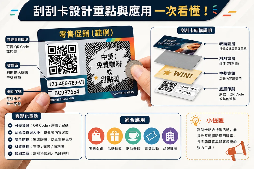 客製化刮刮卡印刷範例 QR Code 防偽刮刮卡設計 活動抽獎刮刮卡製作 可變序號刮刮卡印刷 零售促銷刮刮樂卡